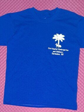 First Baptist Kindergarten Never Used Stretch Blue T Shirt